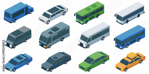 Isometric illustration showcasing a variety of colorful public and private transport vehicles