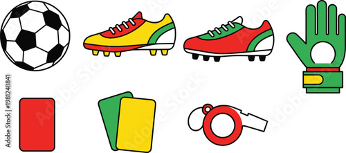 Soccer and Football Icons Set with Ball, Shoes, Gloves, Red and Yellow Cards, and Whistle for Sports, Refereeing, and Athletic Events