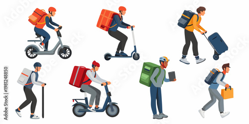 Delivery personnel using various transport methods in a colorful illustration