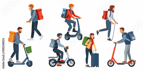 Diverse group of people utilizing delivery services and micro mobility options