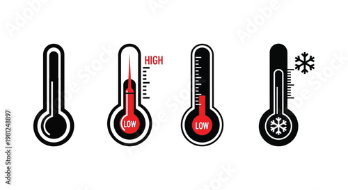 Four thermometers displaying varying temperatures a black silhouette