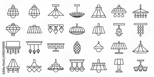 Collection of various linear light fixtures and hanging lamps illustrated