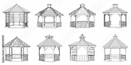 Line art illustrations depicting eight different gazebo designs and styles