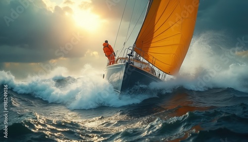 Sailboat sails through rough ocean waves under dramatic sky. A lone sailor braves storm conditions on a challenging sea journey. Adventure and resilience are key themes.