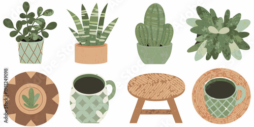Stylized illustration of potted plants decorative objects and coffee cups