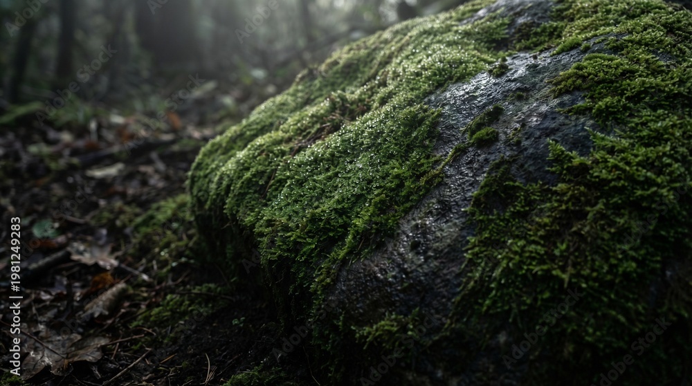Obraz premium Moss covered rock with dew droplets, cinematic macro, rich green tones, dark background