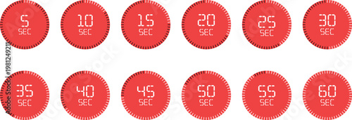 Set of red timer icons with different time intervals in seconds.