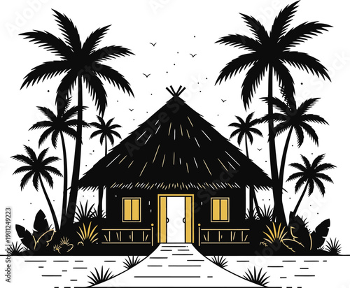 A black and white vector illustration of a tropical hut with palm trees and a thatched roof