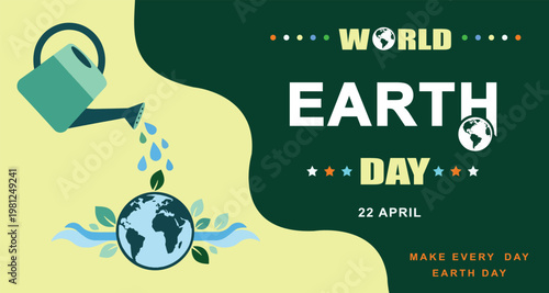 World Earth Day Banner and Poster Vector Illustration Design, Watering the Globe with Green Leaves and Eco-Friendly Typography on Green Background, April 22 Celebration