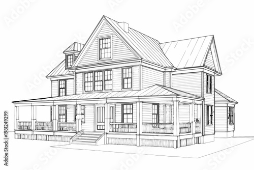 Detailed line drawing of a classic two story american victorian home