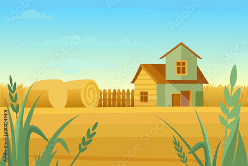 A quaint farmhouse stands amidst golden wheat fields and hay bales