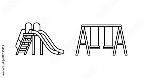 Playground equipment illustration featuring a slide and swing set silhouette