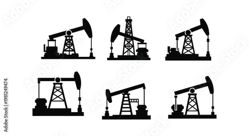 Six black oil pumps depicted in a minimalist silhouette