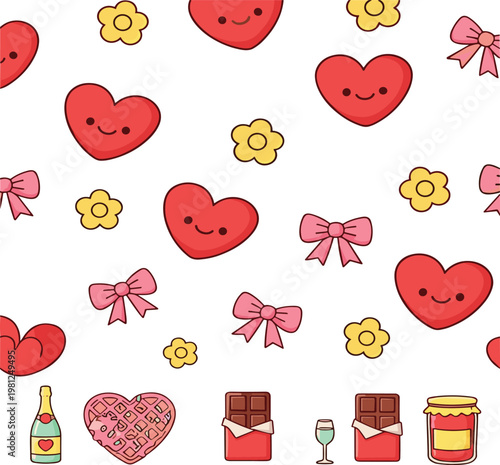 Cute Heart Seamless Pattern with Flowers Bows and Sweet Dessert Elements Kawaii Romantic Background Flat Vector Illustration Isolated on White Background