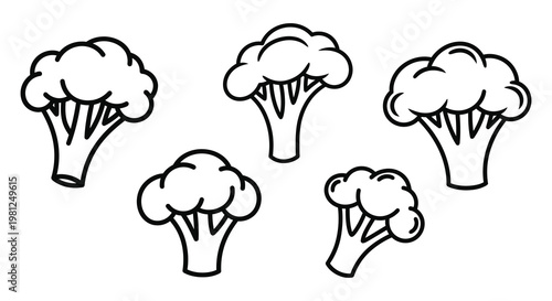 Five broccoli florets depicted in a simple black outline silhouette