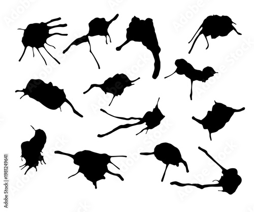 Collection of irregular black ink blot shapes with splattered edges and elongated streaks on white background