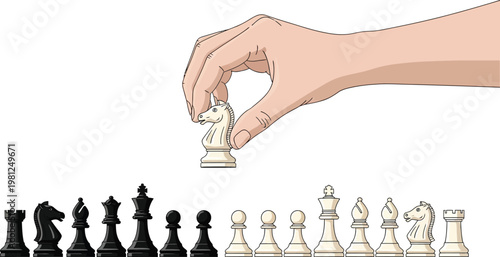A detailed vector illustration showing a human hand carefully placing a white knight chess piece on a board