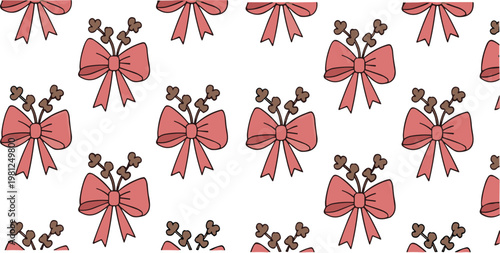 Cute Ribbon Bow and Floral Seamless Pattern with Decorative Bows and Small Branch Elements Repeating Background Flat Vector Illustration Isolated on White Background