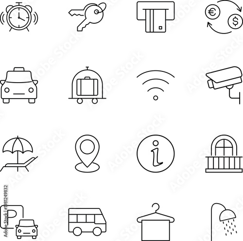 Travel and hotel services vector icon set, luggage, taxi, wifi, parking, shower, keys, map pin, balcony