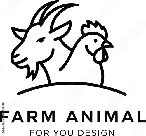 A minimalist vector graphic illustration of a goat and chicken for farm animal designs