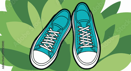 A pair of teal canvas sneakers with white laces and toe caps, depicted in a graphic illustration against a background of green foliage.