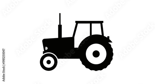 Black silhouette of a classic farm tractor with large rear wheels and a cab, isolated on a white background, representing agriculture and rural work.