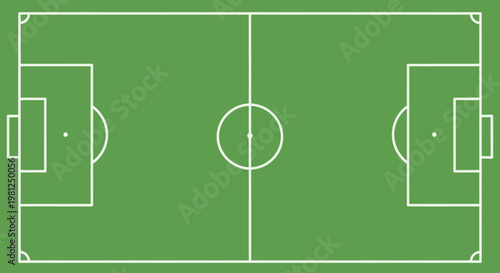 An overhead view of a perfectly marked green soccer football field with white lines and goal areas.