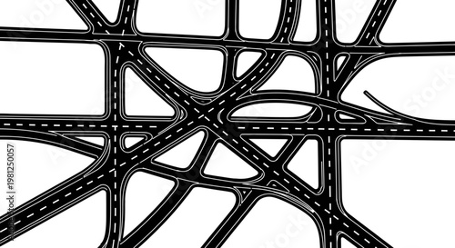 An intricate overhead view of a complex, abstract road network with multiple intersecting highways and overpasses on a white background.
