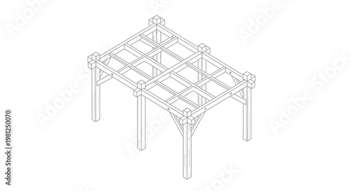 Isometric wireframe drawing of a timber frame structure, possibly a pergola or gazebo, showing posts, beams, and a grid roof.