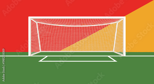 A white soccer goal with a net on a green field, set against a vibrant red and yellow background.