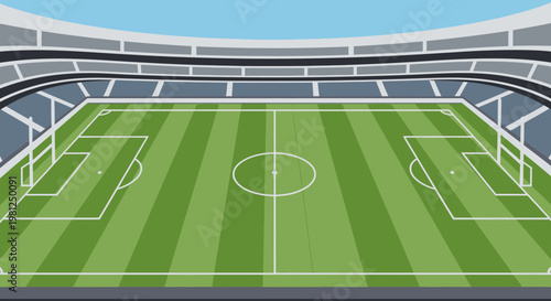 An aerial view of an empty, modern football stadium with a perfectly manicured green pitch and white markings under a clear blue sky.