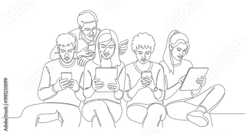 Line art illustration of five young people sitting together, each focused on their smartphones or tablets, depicting digital device use.