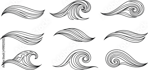 Hand drawn wave set black and white ocean swirls for design projects