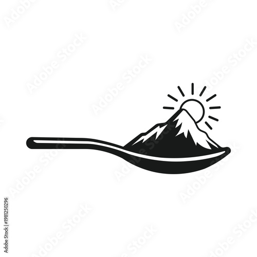 Minimalist Surreal Vector Art of Mountain Peak and Sun on a Tea Spoon for Creative Adventure Concept