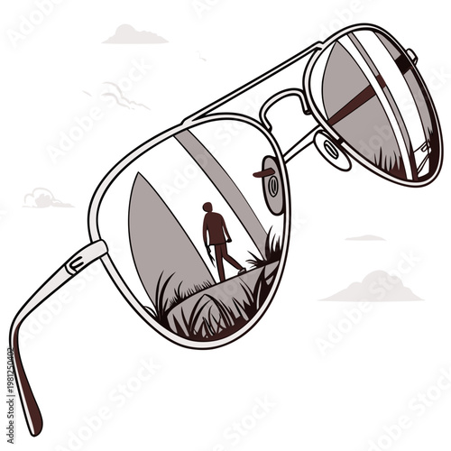 A stylized illustration depicts a pair of sunglasses reflecting a beach scene with a surfer walking towards the ocean high quality professional
