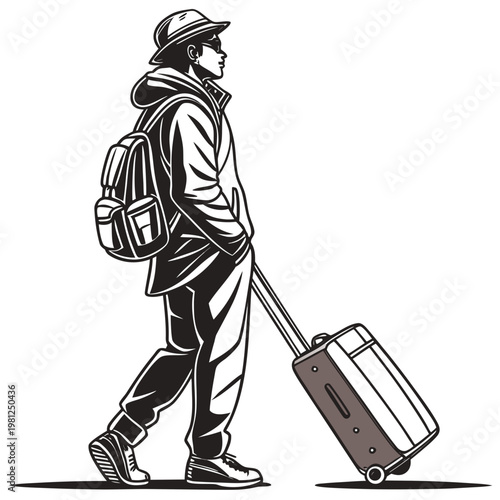 A stylized illustration depicts a traveler with a backpack and rolling suitcase walking in profile against a white background high quality professional