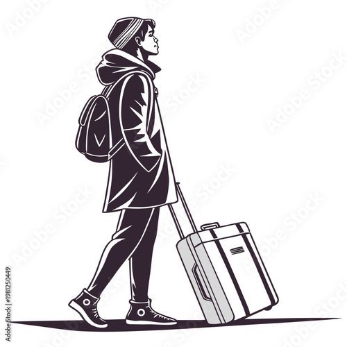 A stylized illustration depicts a young person walking with a rolling suitcase suggesting travel or relocation high quality professional detailed modern elegant