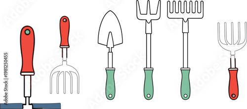 Garden Tools Collection Set with Hand Rakes Trowel Cultivator and Weeder Equipment Flat Vector Illustration Isolated on White Background