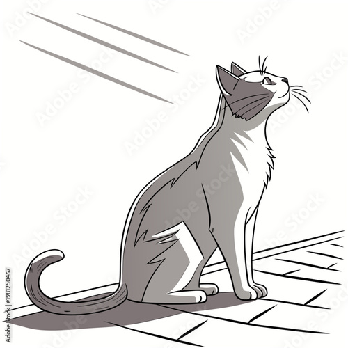 A stylized illustration depicts a grey cat sitting and looking upwards with a curious expression its tail gracefully curled high quality professional