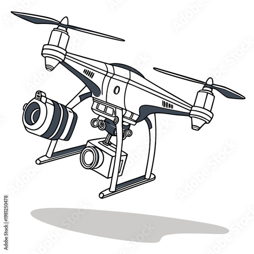 A detailed line drawing showcases a modern drone equipped with a camera highlighting its aerial capabilities and technology high quality professional elegant