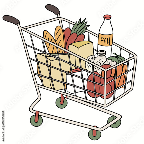 A colorful illustration depicts a fully loaded metal shopping cart brimming with fresh groceries including bread produce and dairy items high quality