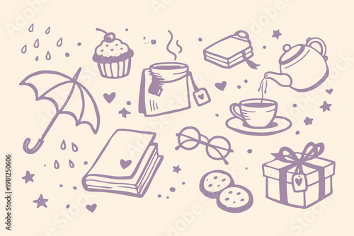 Cozy tea time doodle icon set vector illustration with umbrella, cupcake, gift and hand drawn cute objects