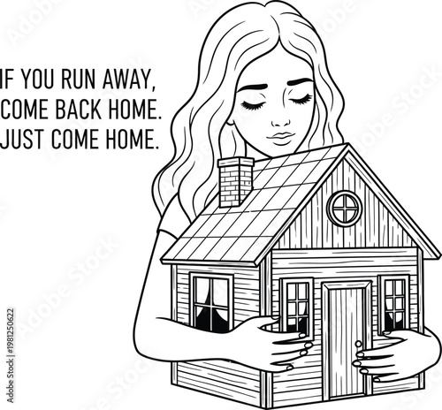 A woman holding a small house with a quote about coming home