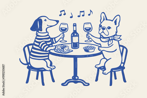 Funny dog dinner party doodle vector illustration with wine glasses, bottle, snacks and playful hand drawn pets