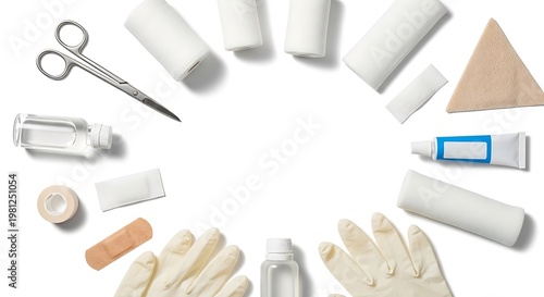 Medical first aid kit supplies organized in a circular pattern, including scissors, bandages, gloves, and ointment