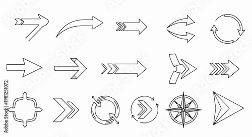 Collection of arrow icons, compass, and target symbols for direction and navigation