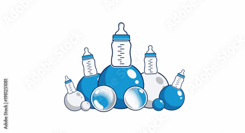 Collection of baby bottles and spheres in blue and white tones
