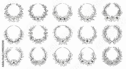Collection of decorative floral wreaths in a sketched style