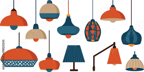 Modern Hanging Lamp Collection Set with Pendant Lights Ceiling Fixtures and Table Lamp Designs Flat Vector Illustration Isolated on White Background