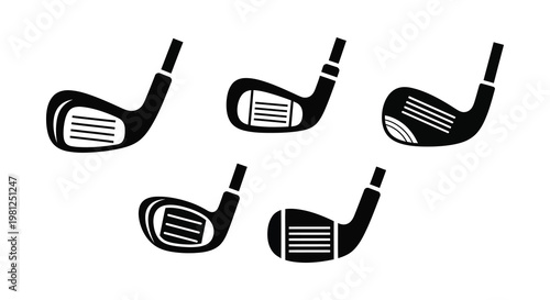 A collection of golf club heads presented as a stark silhouette